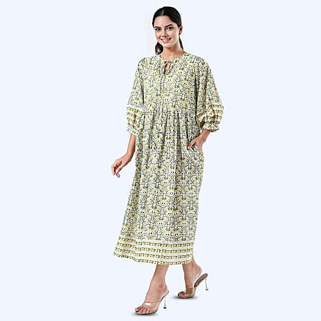 Sukriti 100% Cotton Traditional Hand Block Printed Midi Dress (Size XXL) - White, Yellow - Green