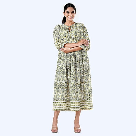 Sukriti 100% Cotton Traditional Hand Block Printed Midi Dress (Size XXL) - White, Yellow - Green