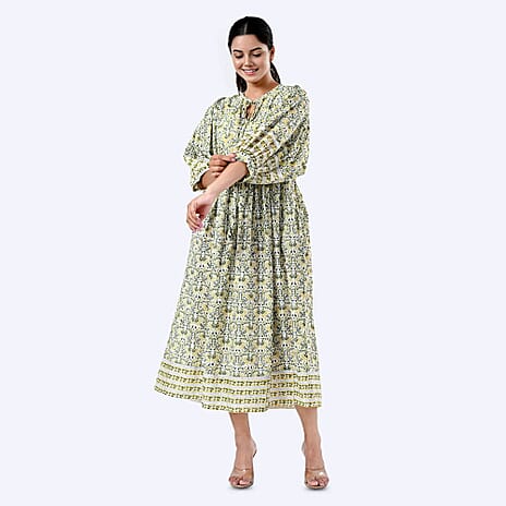 Sukriti 100% Cotton Traditional Hand Block Printed Midi Dress (Size XXL) - White, Yellow - Green