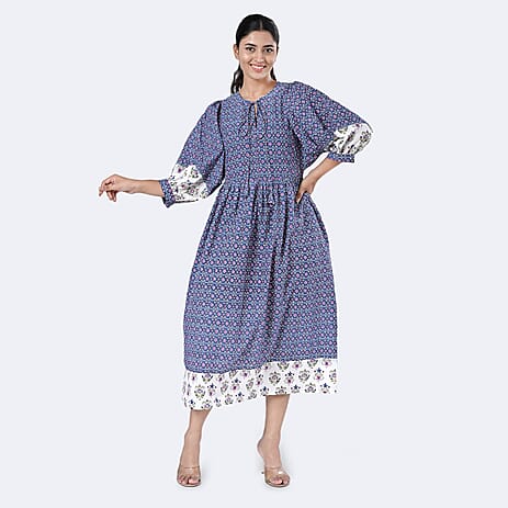 La Marey Womens Hand Block Print Cotton Dress with Bottom & Sleeve Hem Border (Size S) - Blue