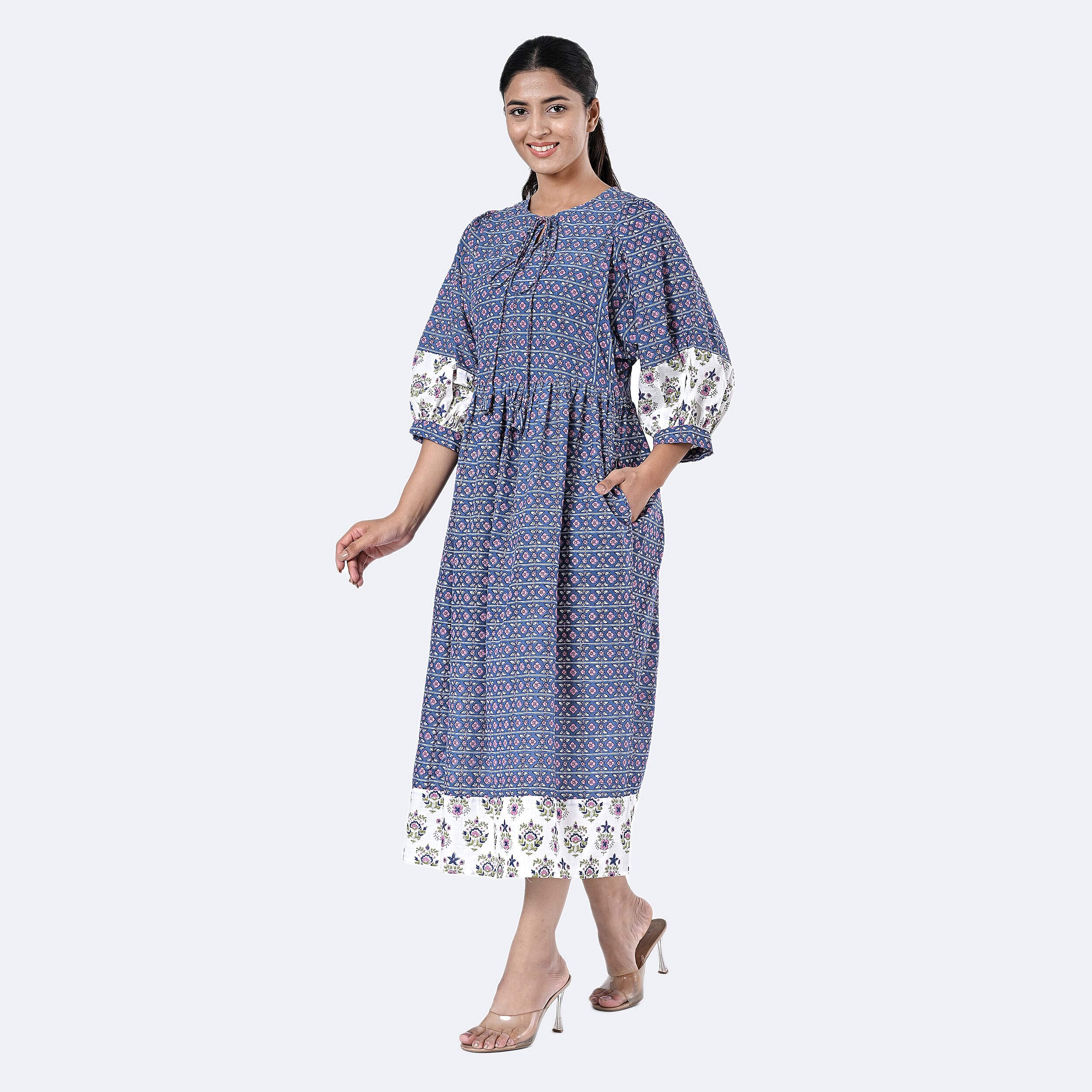 La Marey Womens Hand Block Print Cotton Dress with Bottom and Sleeve Hem Border 
