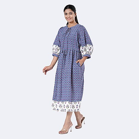 La Marey Womens Hand Block Print Cotton Dress with Bottom & Sleeve Hem Border (Size S) - Blue