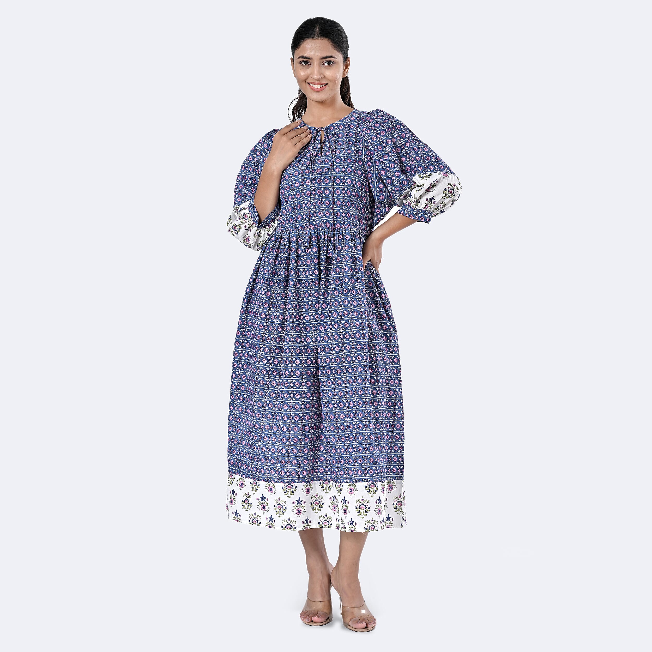 La Marey Womens Hand Block Print Cotton Dress with Bottom and Sleeve Hem Border 