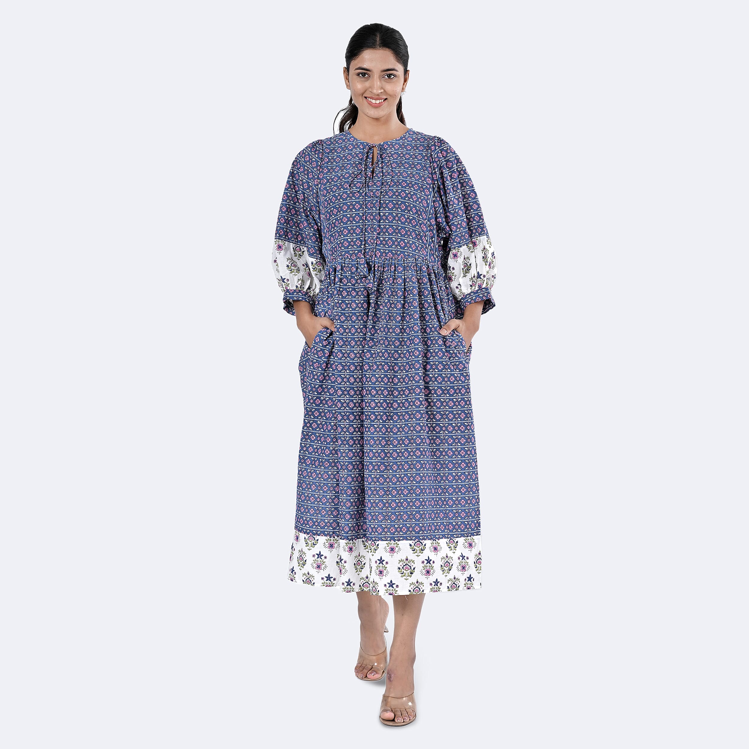 La Marey Womens Hand Block Print Cotton Dress with Bottom and Sleeve Hem Border 