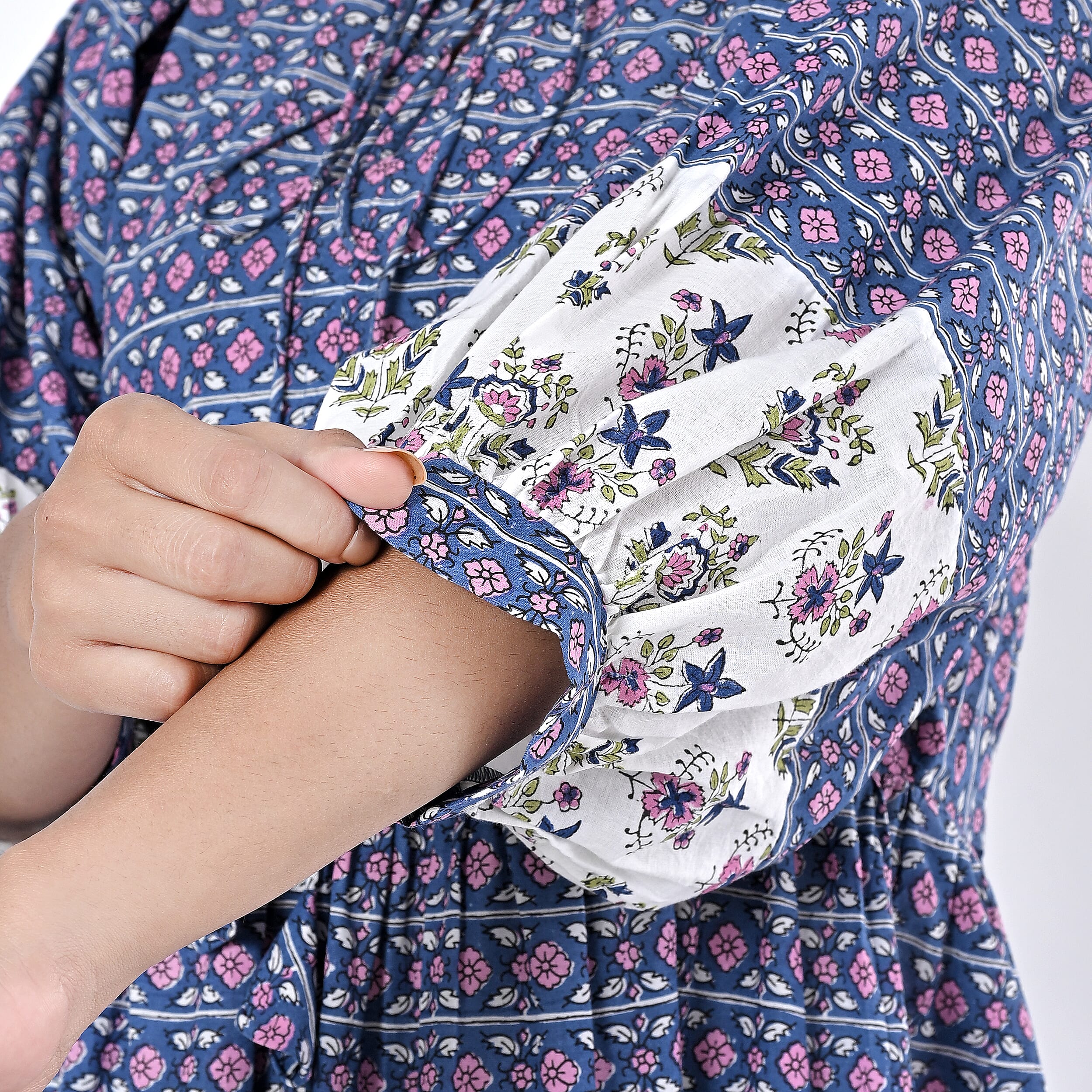 La Marey Womens Hand Block Print Cotton Dress with Bottom and Sleeve Hem Border 