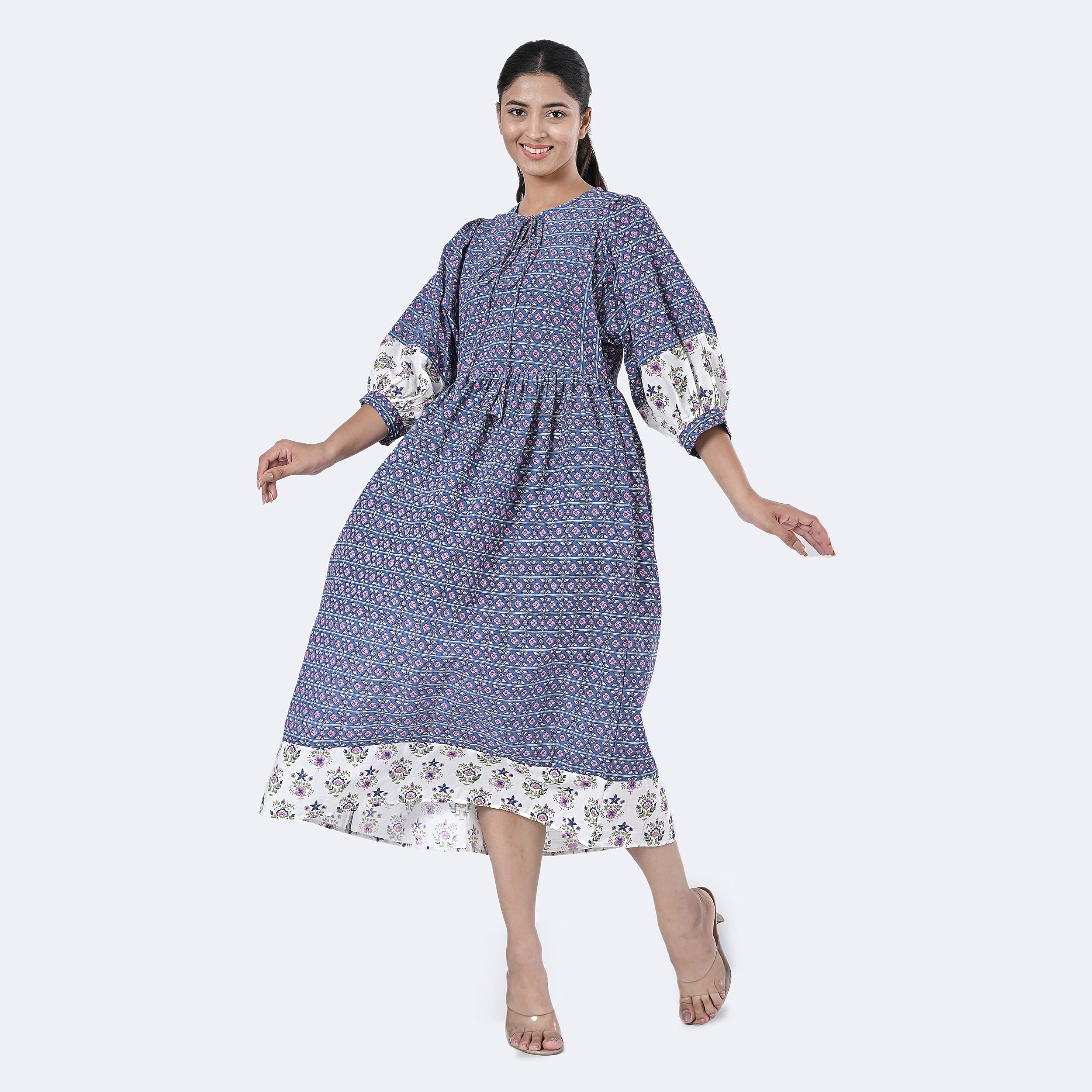 La Marey Womens Hand Block Print Cotton Dress with Bottom & Sleeve Hem Border (Size XL) - Blue