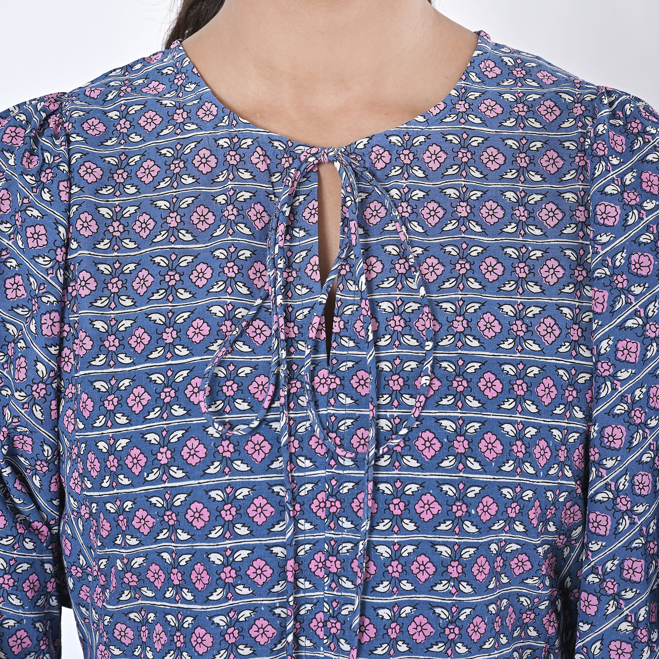 La Marey Womens Hand Block Print Cotton Dress with Bottom & Sleeve Hem Border (Size XL) - Blue