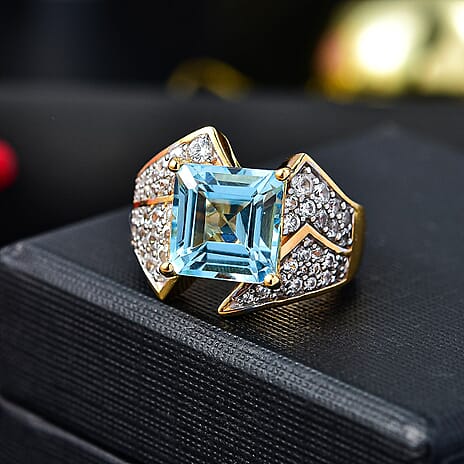 GP Art Deco Collection - Skyblue Topaz, Blue Sapphire & White Zircon Ring in 18K Vermeil Yellow Gold Plated Sterling Silver 6.97 Ct.