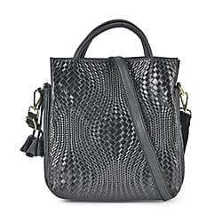 One Time Closeout Deal - 100% Genuine Leather Weave Patterned Crossbody Bag - Black