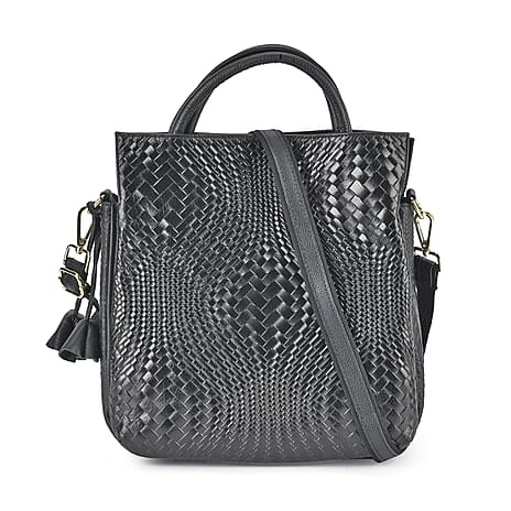 One Time Closeout Deal - 100% Genuine Leather Weave Patterned Crossbody Bag - Black