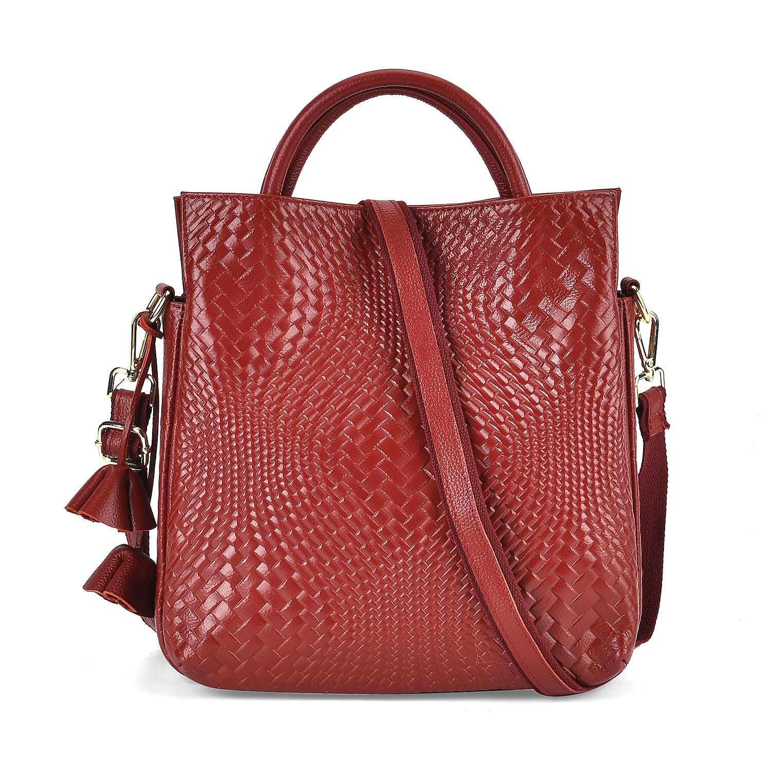 Closeout Deal - 100% Genuine Leather Weave Pattern Crossbody Bag - Burgundy