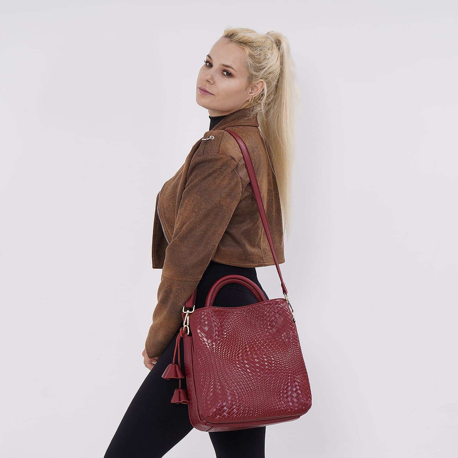 Closeout Deal - 100% Genuine Leather Weave Pattern Crossbody Bag - Burgundy