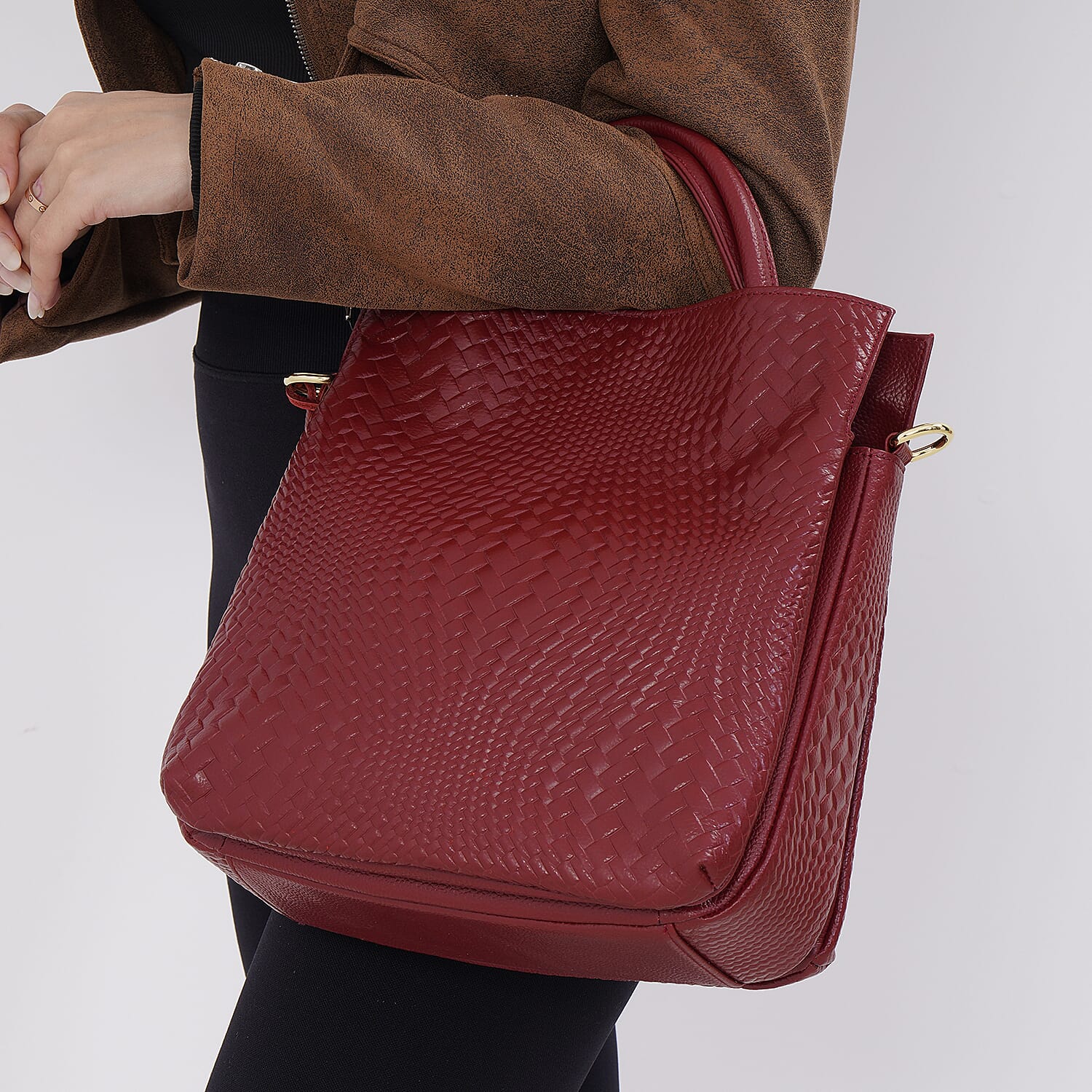 Closeout Deal - 100% Genuine Leather Weave Pattern Crossbody Bag - Burgundy