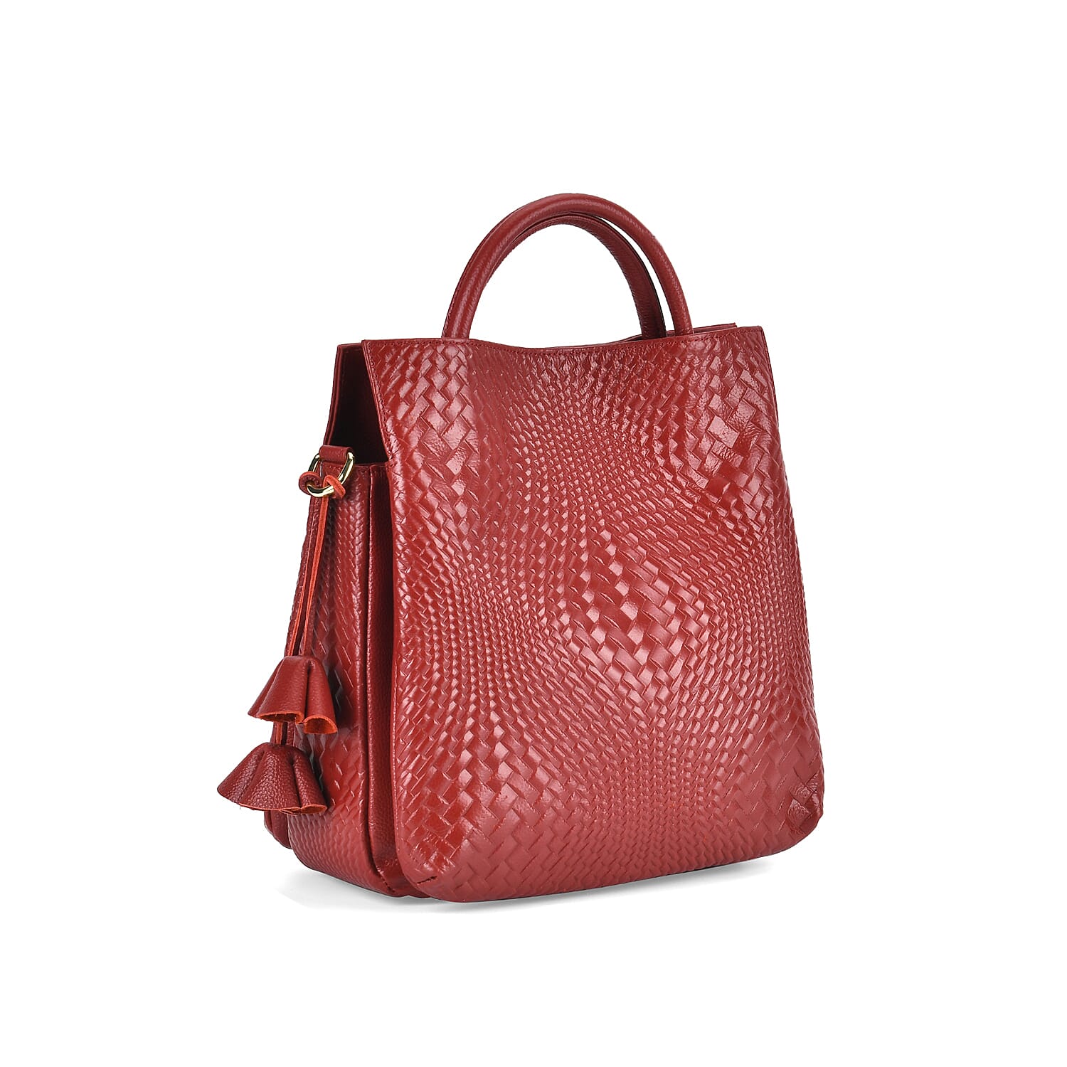 Closeout Deal - 100% Genuine Leather Weave Pattern Crossbody Bag - Burgundy