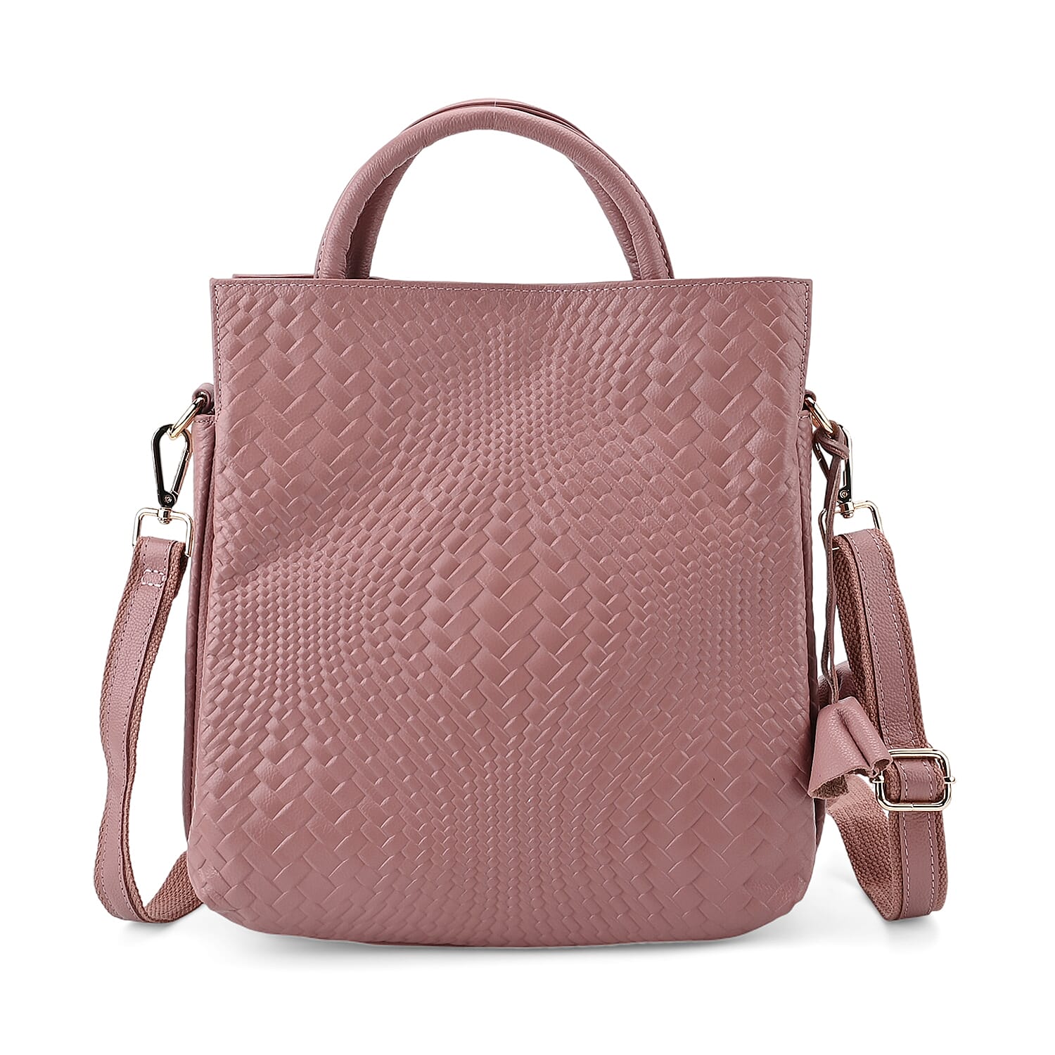 Closeout Deal - 100% Genuine Leather Weave Pattern Crossbody Bag - Pink