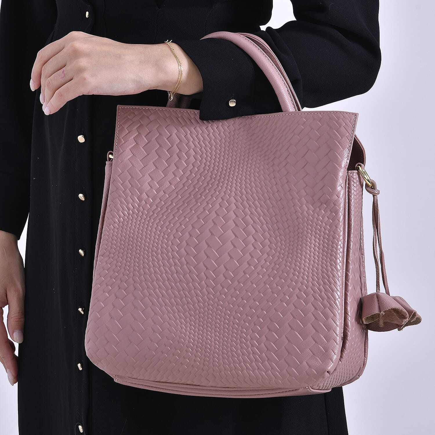 Closeout Deal - 100% Genuine Leather Weave Pattern Crossbody Bag - Pink