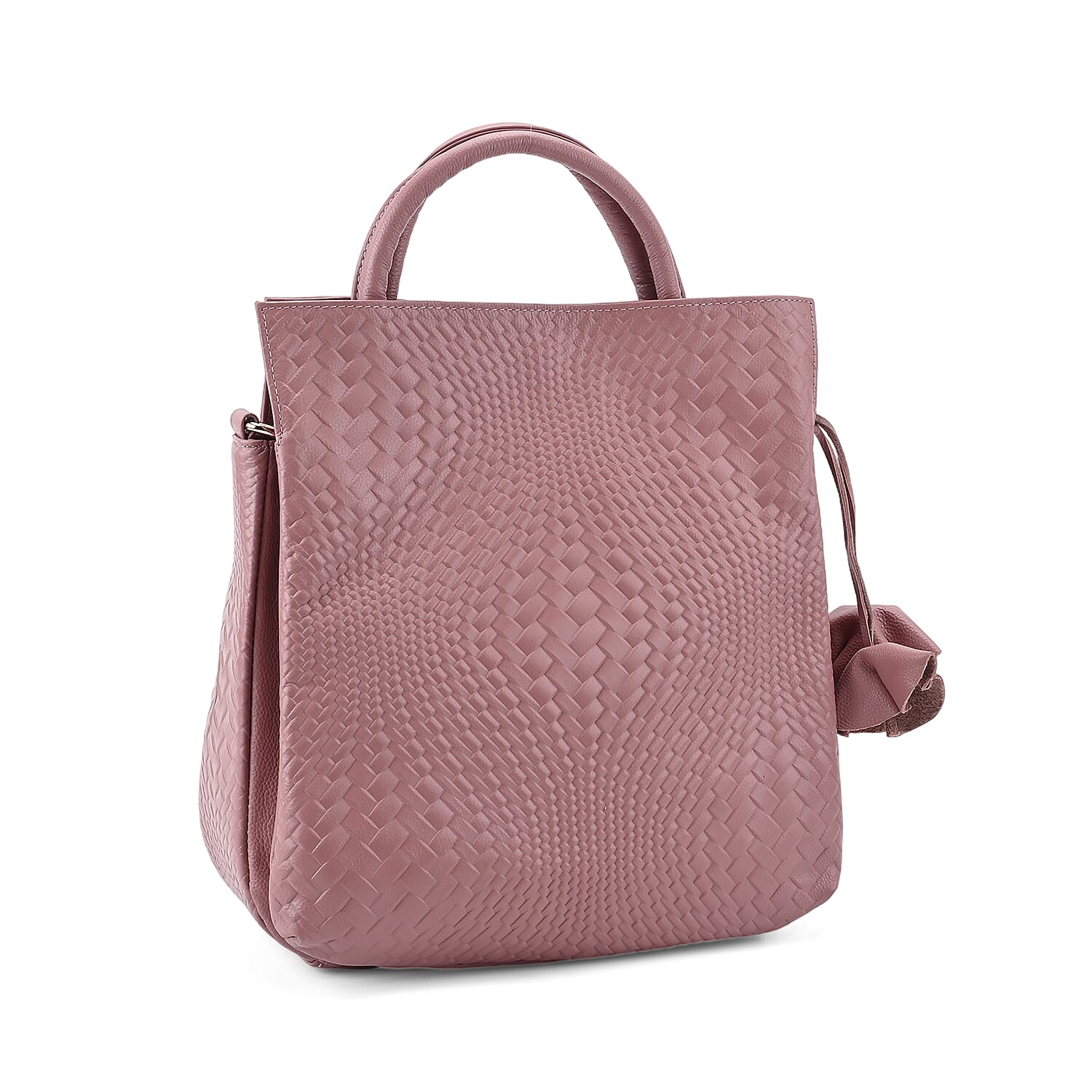 Closeout Deal - 100% Genuine Leather Weave Pattern Crossbody Bag - Pink
