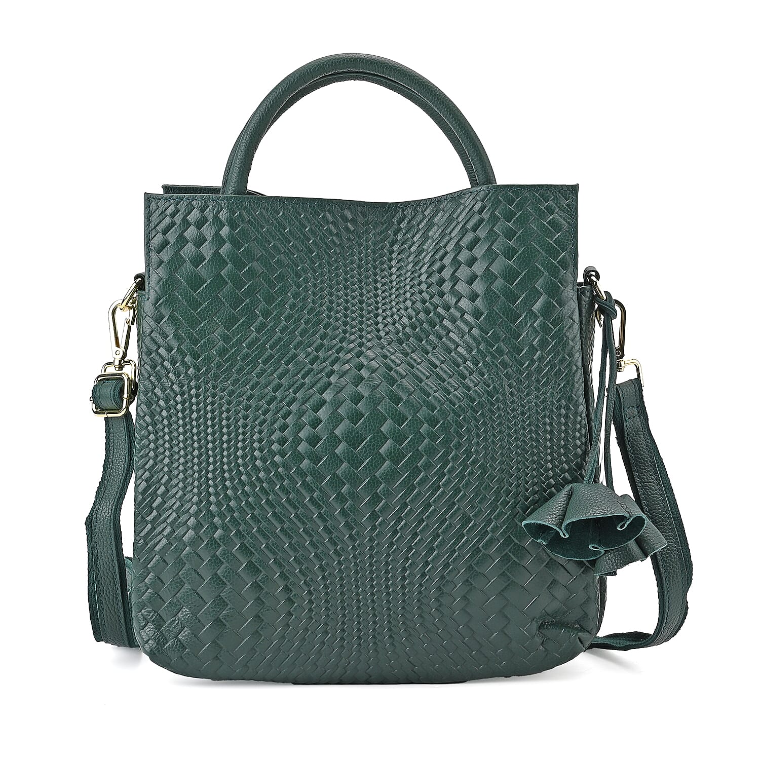 Closeout Deal - 100% Genuine Leather Weave Pattern Crossbody Bag - Green