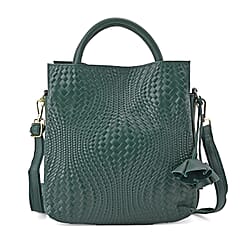 One Time Closeout Deal - 100% Genuine Leather Weave Patterned Crossbody Bag - Black