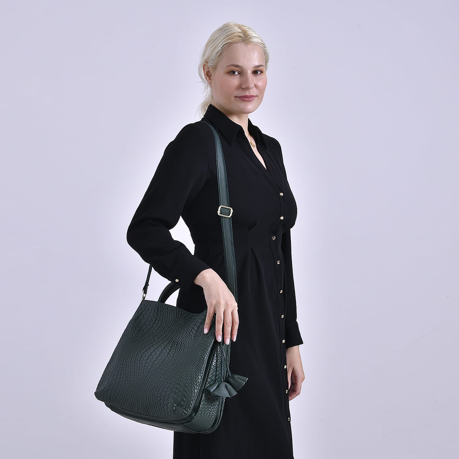 Closeout Deal - 100% Genuine Leather Weave Pattern Crossbody Bag - Green