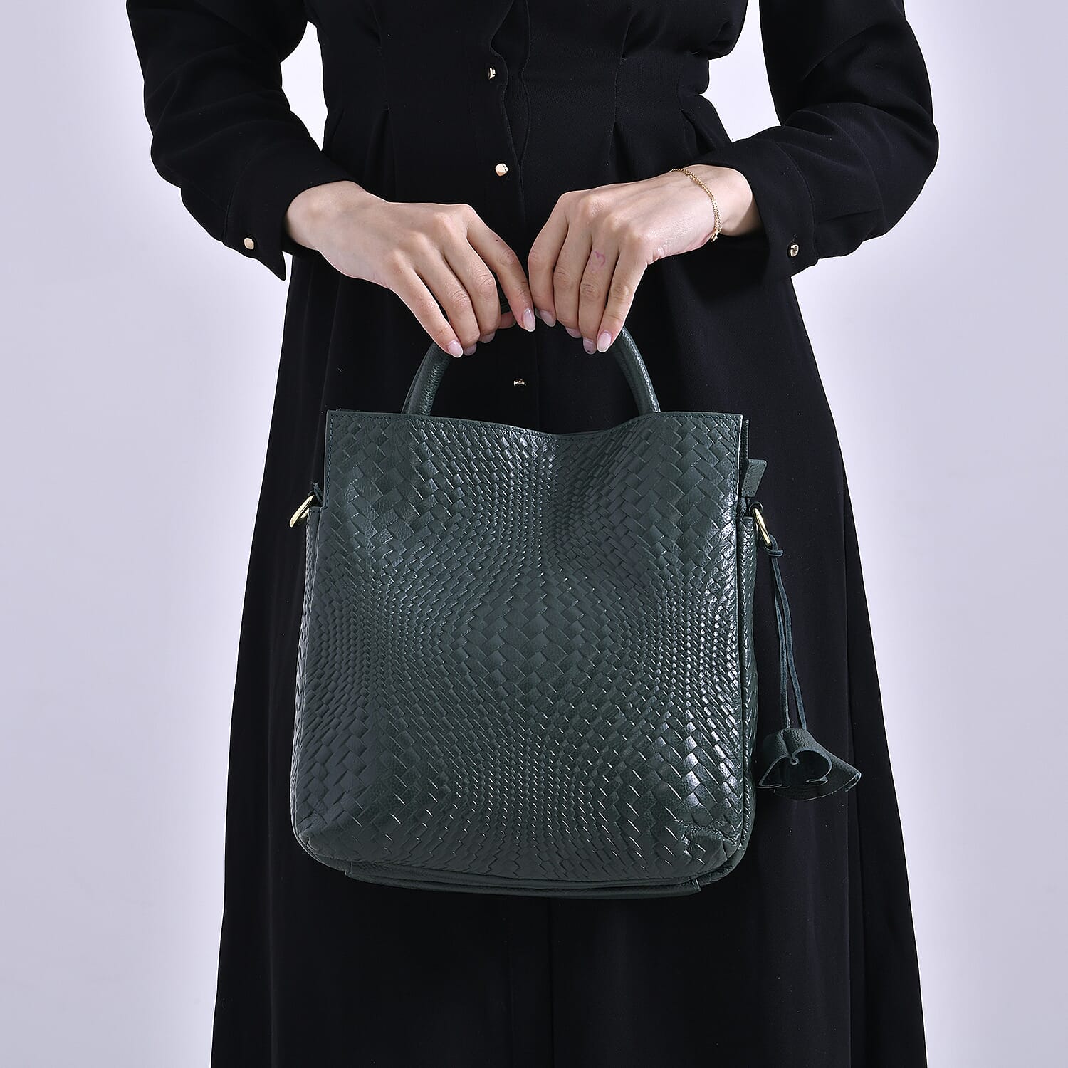 Closeout Deal - 100% Genuine Leather Weave Pattern Crossbody Bag - Green