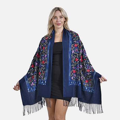 Embroidery Scarf (Size 70x1 cm) - Dark Blue & Dark Blue