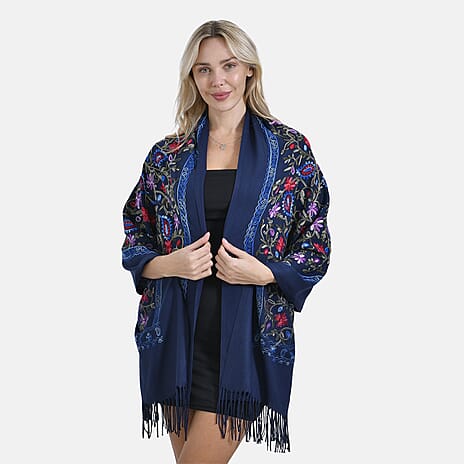 Embroidery Scarf (Size 70x1 cm) - Dark Blue & Dark Blue