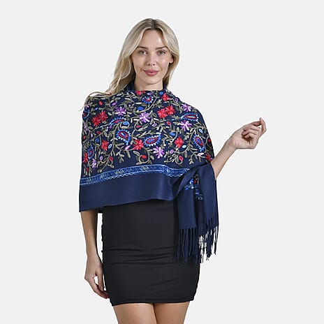 Embroidery Scarf (Size 70x1 cm) - Dark Blue & Dark Blue