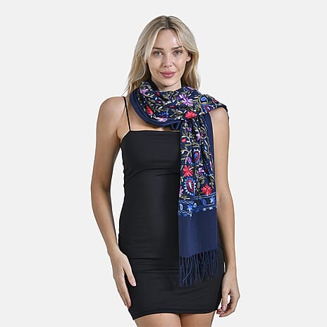 Embroidery Scarf (Size 70x1 cm) - Dark Blue & Dark Blue