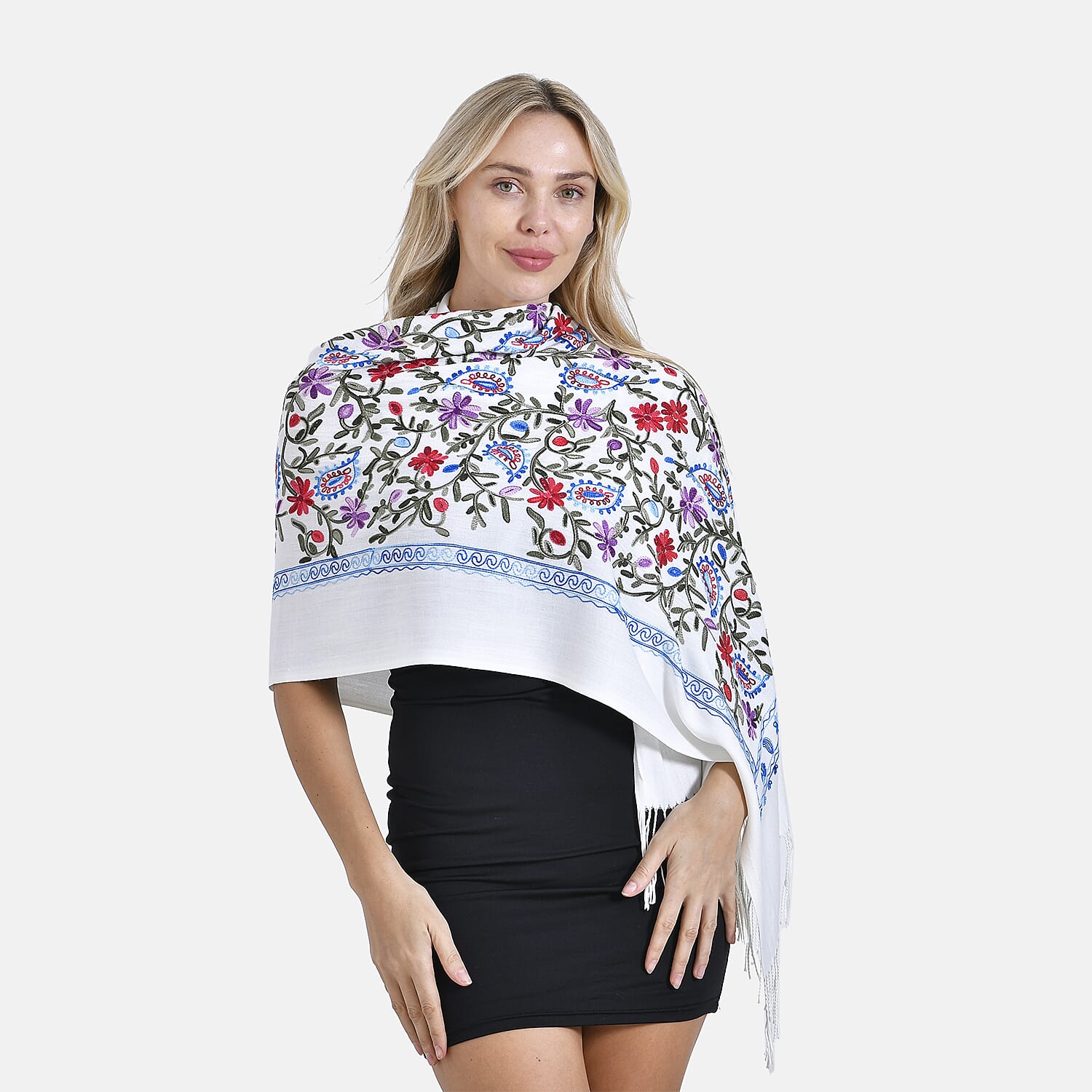 Close Out Embroidery Flower Pattern Super Soft Shawl (Size 180x70 cm) - White