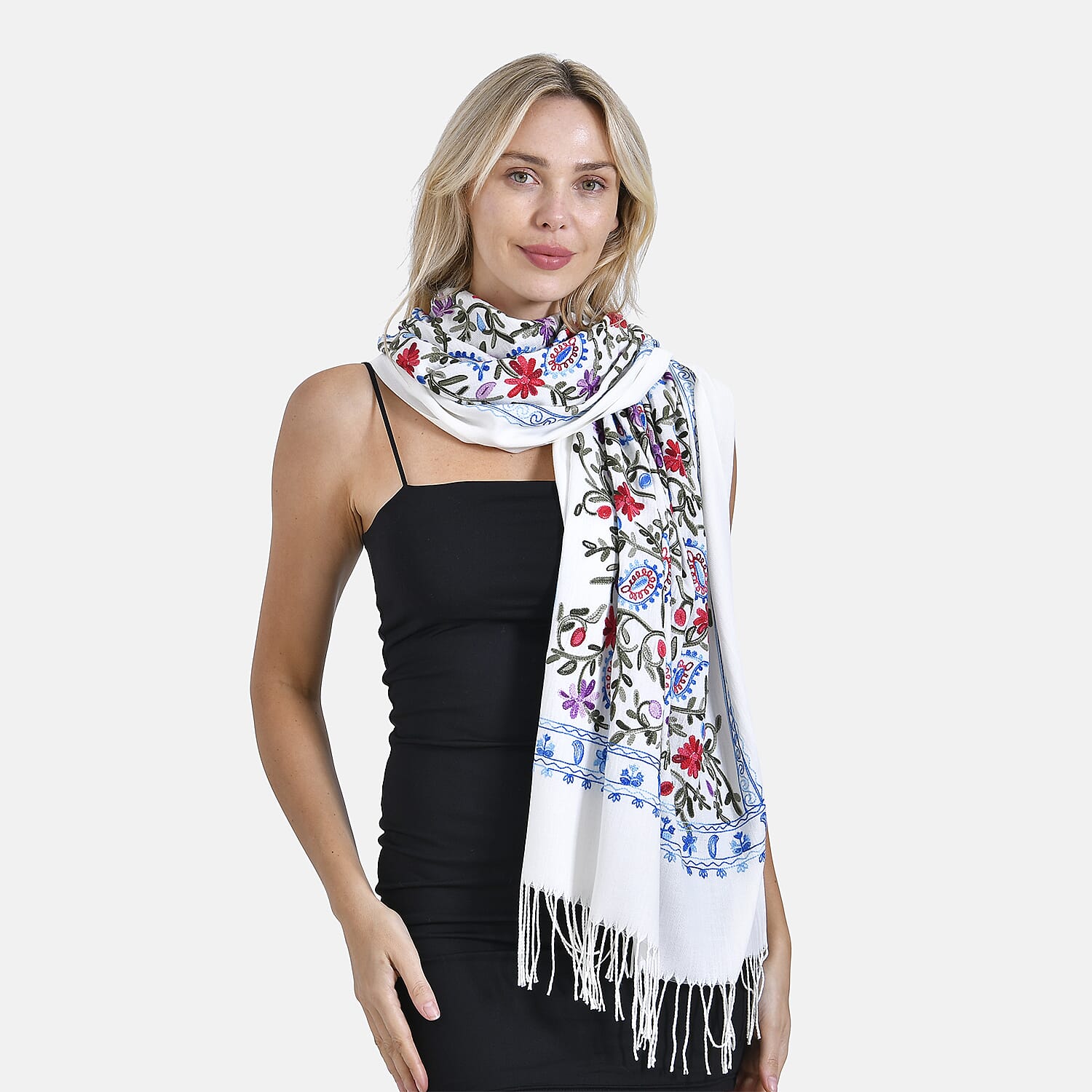 Close Out Embroidery Flower Pattern Super Soft Shawl (Size 180x70 cm) - White