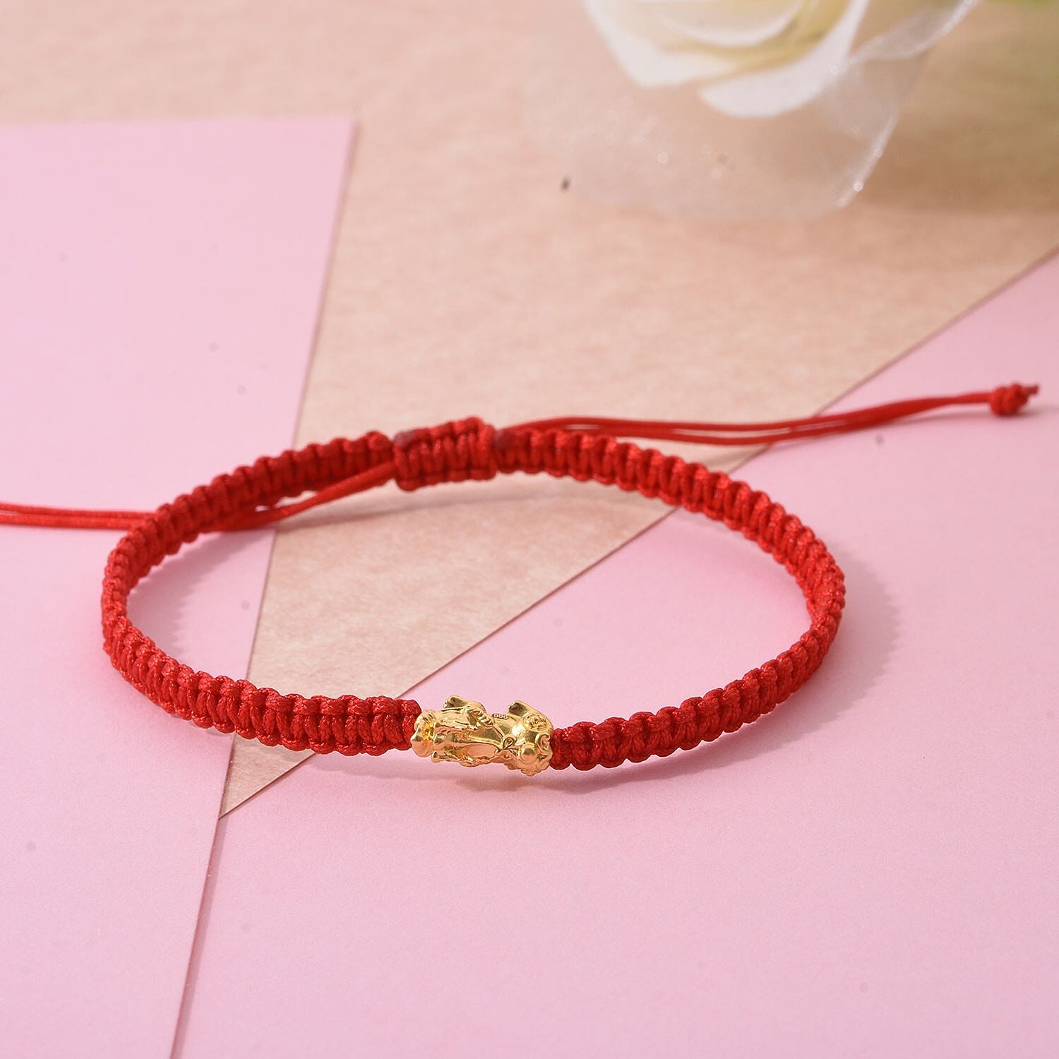 24K Yellow Gold Standard Red Thread Bracelet (Size - 7 Adjustable)