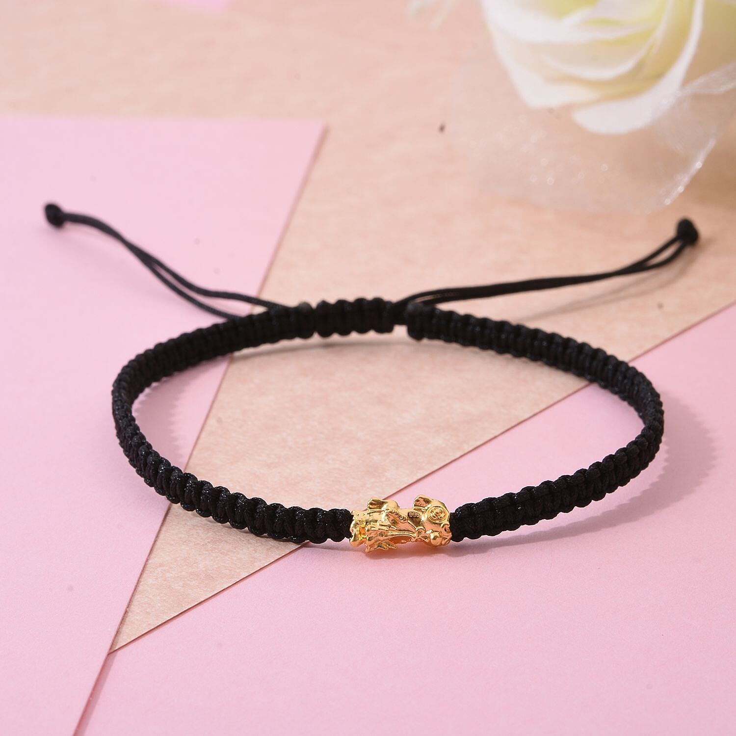 24K Yellow Gold Standard Black Thread Bracelet (Size - 7 Adjustable)