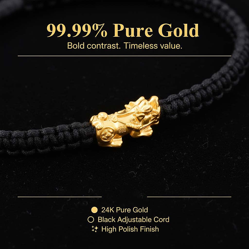 24K (99.99% Purity) Yellow Gold Pixiu  Adjustable Bracelet Colour - Black