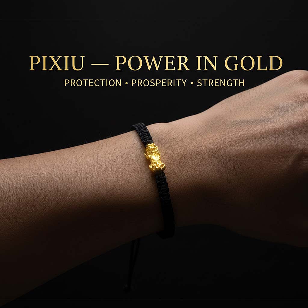 24K (99.99% Purity) Yellow Gold Pixiu  Adjustable Bracelet Colour - Black