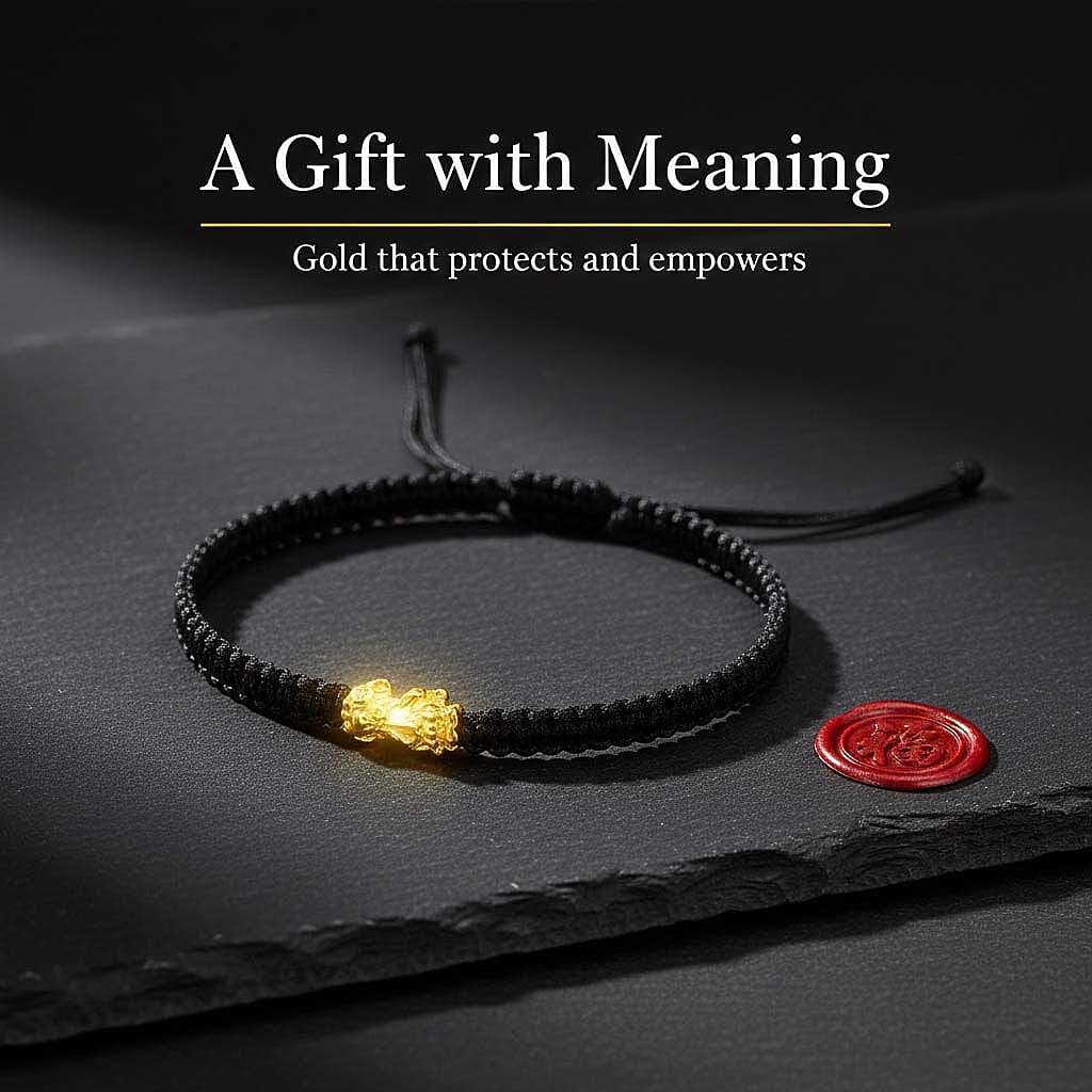 24K (99.99% Purity) Yellow Gold Pixiu  Adjustable Bracelet Colour - Black