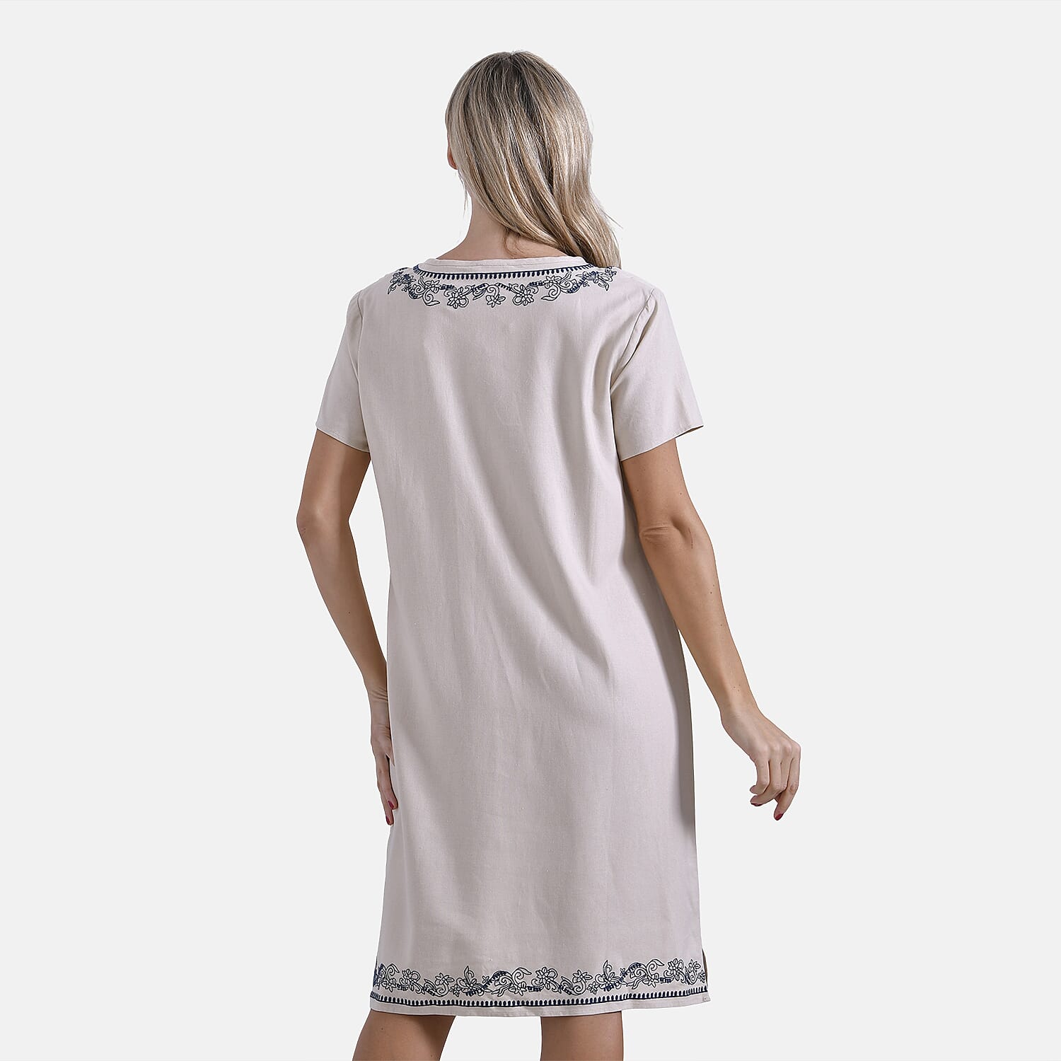 La Marey Viscose Embroidery Short Sleeves  Dress (Size S) - Beige