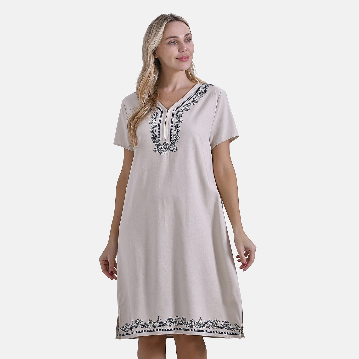 La Marey Viscose Embroidery Short Sleeves  Dress (Size S) - Beige