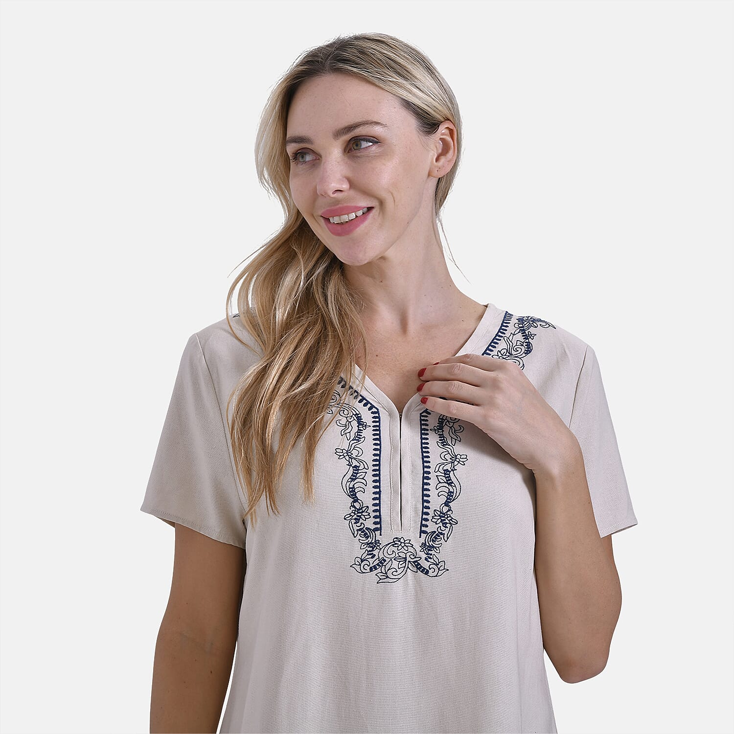 La Marey Viscose Embroidery Short Sleeves  Dress (Size S) - Beige