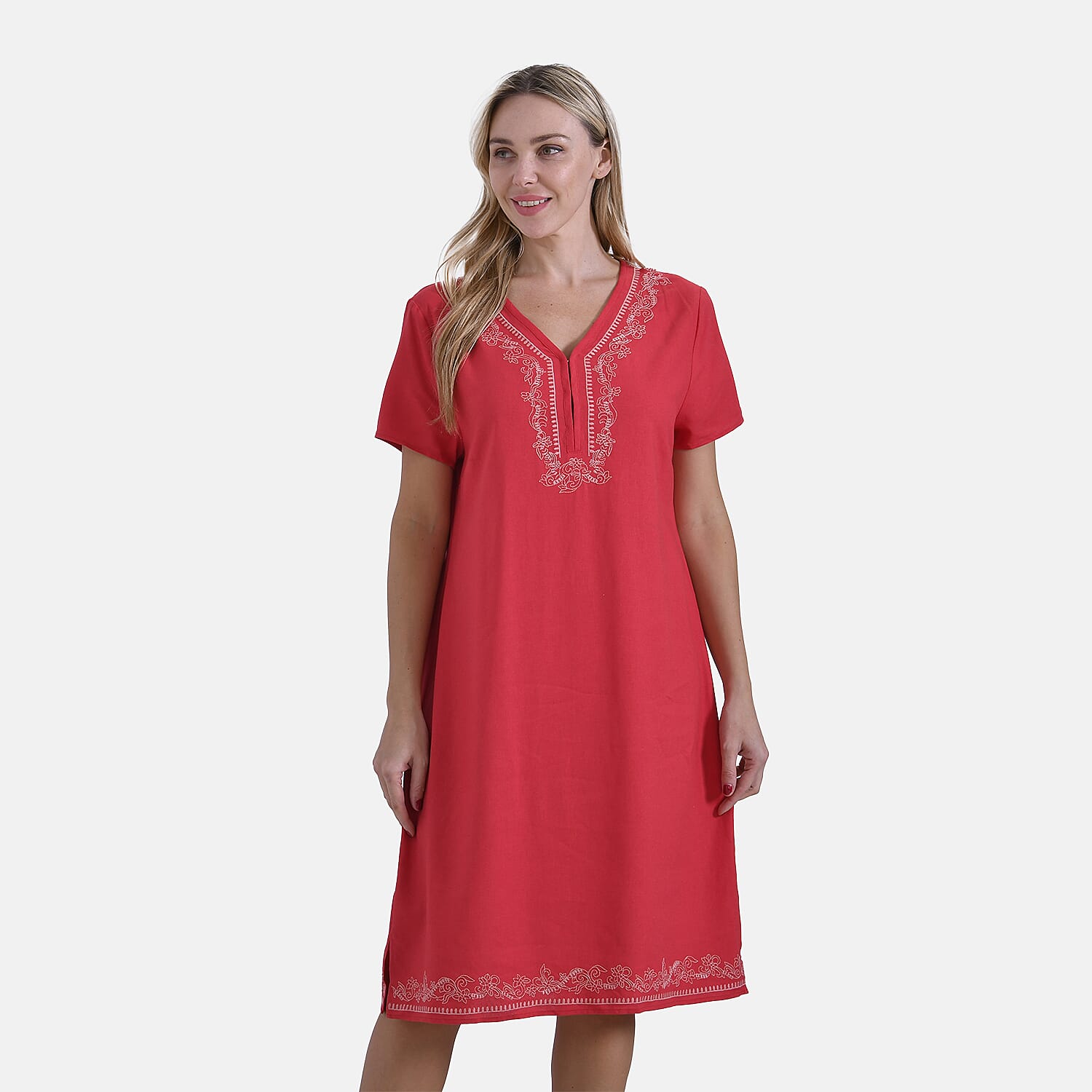 La Marey Viscose Embroidery Short Sleeves  Dress (Size S) - Beige