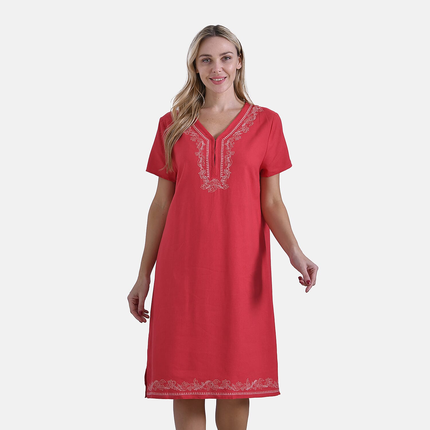 La Marey Viscose Embroidery Short Sleeves  Dress (Size S) - Beige