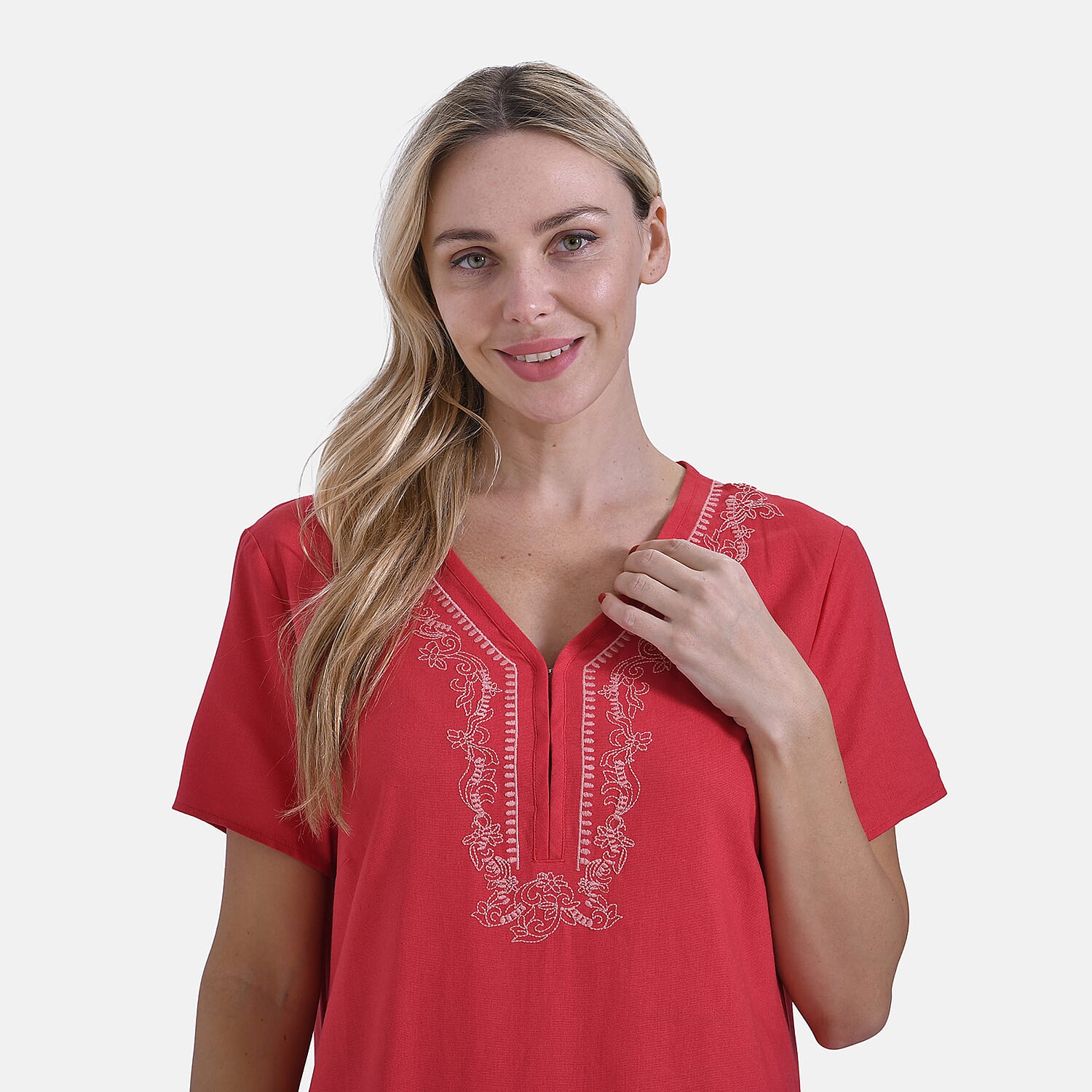 La Marey Viscose Embroidery Short Sleeves  Dress (Size S) - Beige