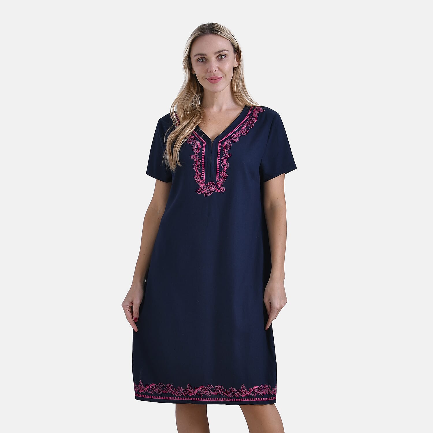 La Marey Viscose Embroidery Short Sleeves  Dress (Size S) - Beige