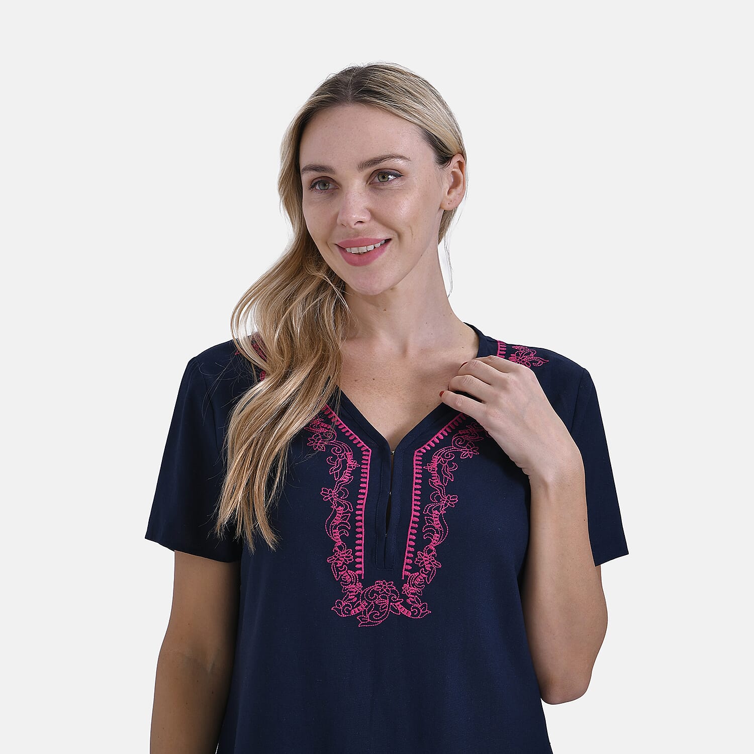 La Marey Viscose Embroidery Short Sleeves  Dress (Size S) - Beige