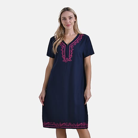 La Marey Viscose Embroidery Short Sleeves T-shirt Dress (Size M) - Blue