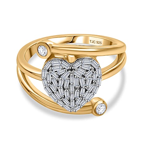 GP - Amore Collection - White Diamond & Blue Sapphire Heart Ring in 18K Vermeil Yellow Gold Plated Sterling Silver