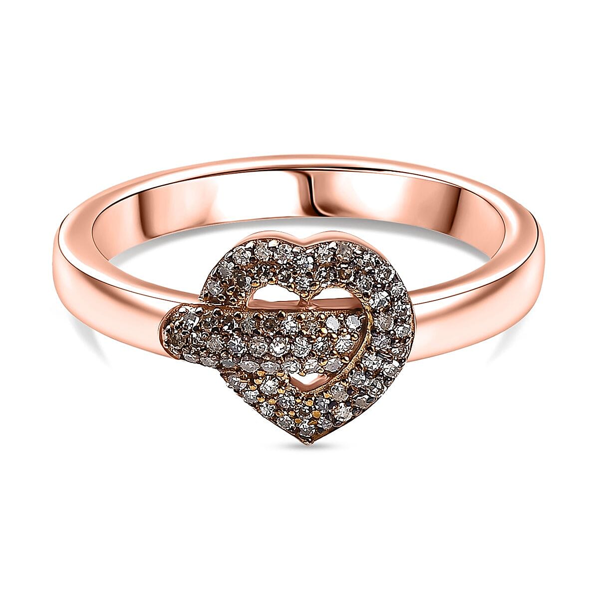 GP Amore Collection - Natural Champagne Diamond & Blue Sapphire Heart Pave Ring in 18K Vermeil Rose Gold Plated Sterling Silver 0.25 Ct.