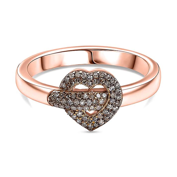 GP Amore Collection - Natural Champagne Diamond & Blue Sapphire Heart Pave Ring in 18K Vermeil Rose Gold Plated Sterling Silver 0.25 Ct.
