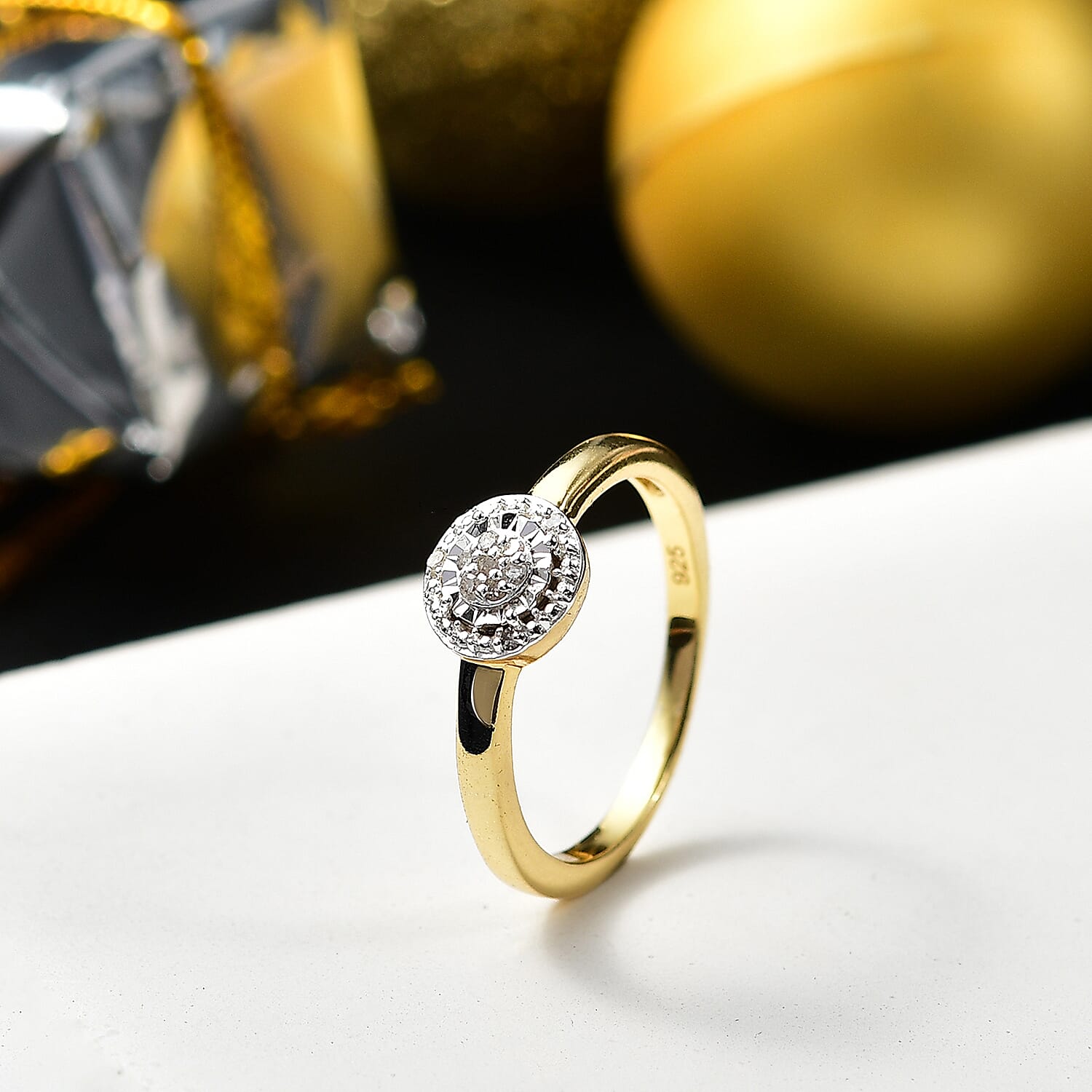 Natural White Diamond Ring in 18K Vermeil Yellow Gold Plated Sterling Silver