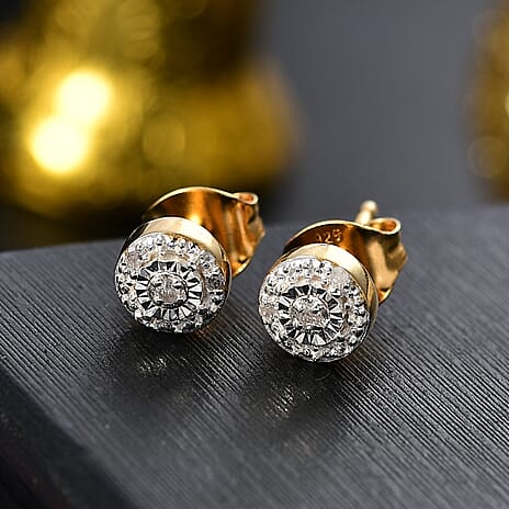 White Diamond Solitaire Stud Earring with Push Back in 18K Vermeil Yellow Gold Plated Sterling Silver